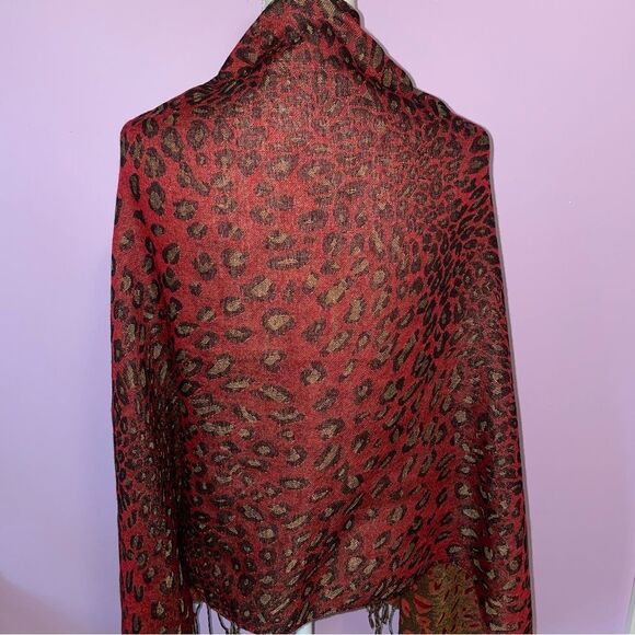Pashmina Scarf Silk Blend Wrap Red Leopard Animal Print Fringe Shawl - Picture 4 of 10